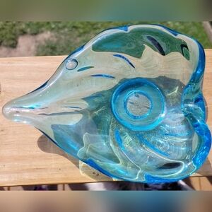 Stunning Blue Blown Glass Art Deco Leaf Shaped Bowl~Unique‎ Home Decor~Gift Idea